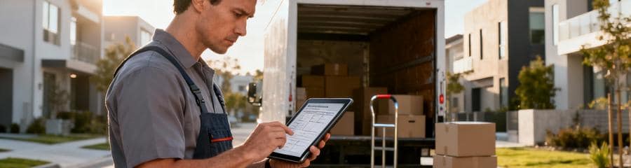 Déménageur consultant tablette pour devis détaillé, préparation professionnelle logistique