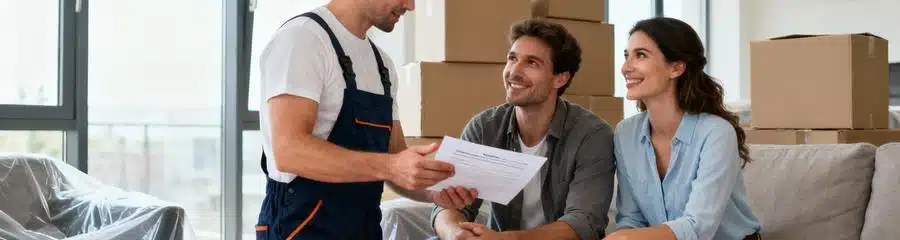 Déménageur expliquant prestations et assurances incluses à clients, transparence professionnelle