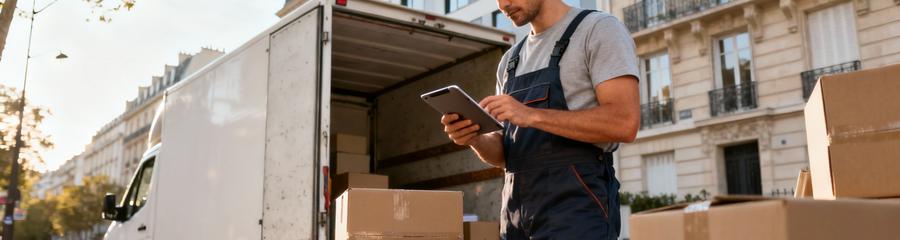 Déménageur consultant devis sur tablette devant camion, rue parisienne moderne