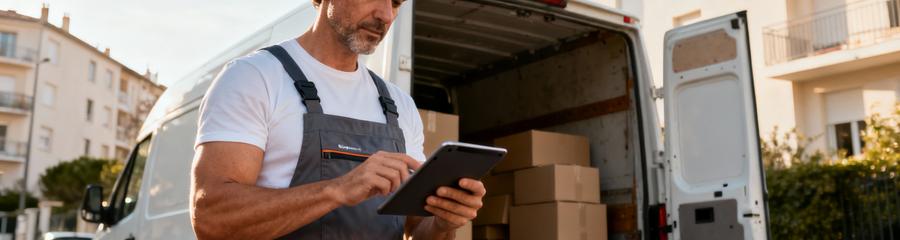 Déménageur consultant planning sur tablette, organisation professionnelle déménagement urbain Drôme