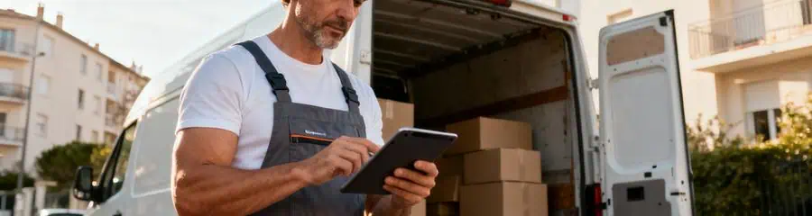 Déménageur consultant planning sur tablette, organisation professionnelle déménagement urbain Drôme