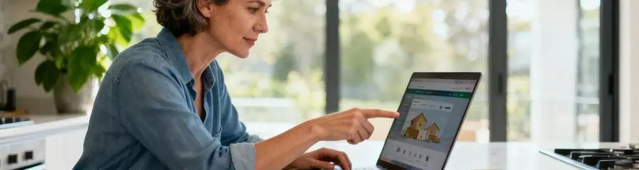 Femme consultant plateforme déménagement en ligne, recherche professionnels qualifiés
