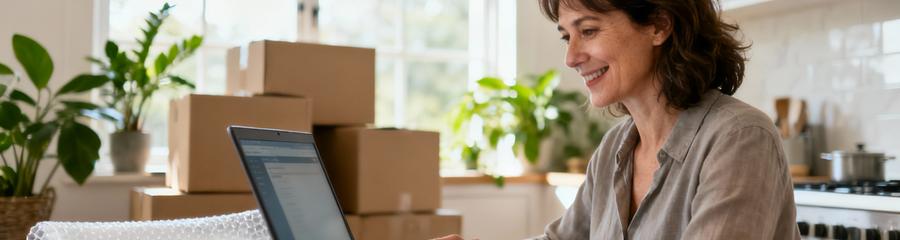 Femme consultant devis déménagement en ligne, comparaison offres professionnels Haute-Garonne