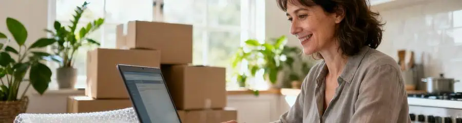 Femme consultant devis déménagement en ligne, comparaison offres professionnels Haute-Garonne