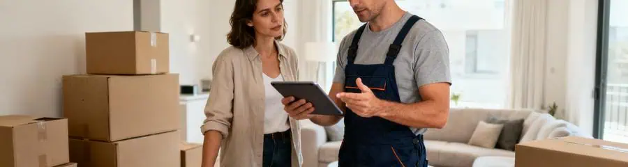 Déménageur professionnel expliquant devis détaillé client, transparence et conseil personnalisé