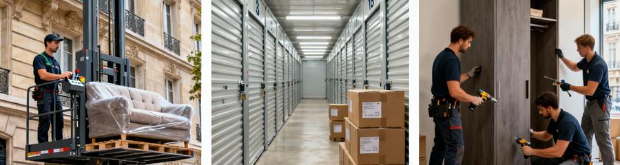 Triptyque solutions déménagement Paris : monte-meubles, garde-meubles sécurisé, démontage professionnel mobilier