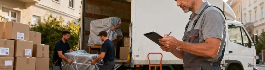 Chef d'équipe supervisant déménagement avec tablette, coordination professionnelle et organisation rigoureuse
