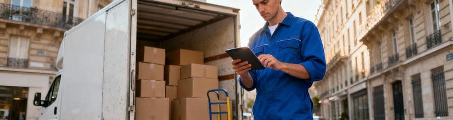 Déménageur consultant planning digital devant camion, organisation professionnelle et estimation
