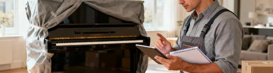 Déménageur établissant devis pour transport piano droit emballé, consultation professionnelle