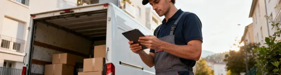 Déménageur vérifiant inventaire volume devant camion, planification tarif déménagement urbain