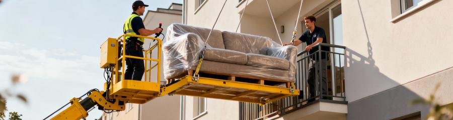 Monte-meuble levant mobilier vers étage élevé, technicien qualifié en intervention urbaine