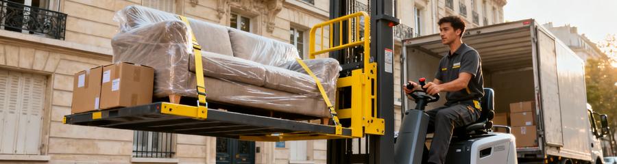 Déménageur opérant monte-meuble électrique devant immeuble parisien, manutention professionnelle en hauteur