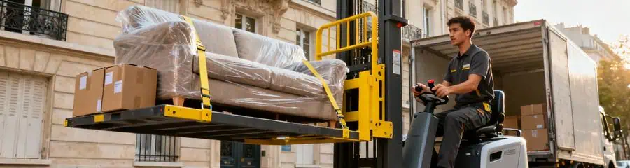 Déménageur opérant monte-meuble électrique devant immeuble parisien, manutention professionnelle en hauteur