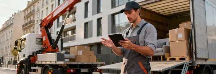 Professionnel expliquant facteurs prix monte-meuble, équipement déployé rue urbaine