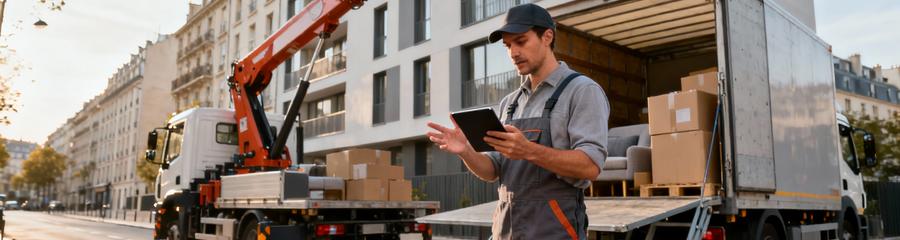 Professionnel expliquant facteurs prix monte-meuble, équipement déployé rue urbaine