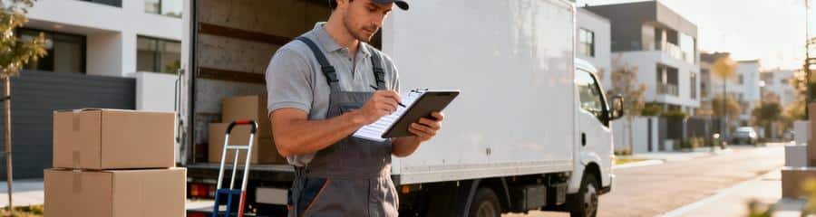 Déménageur consultant inventaire devant camion, évaluation volume pour tarification précise