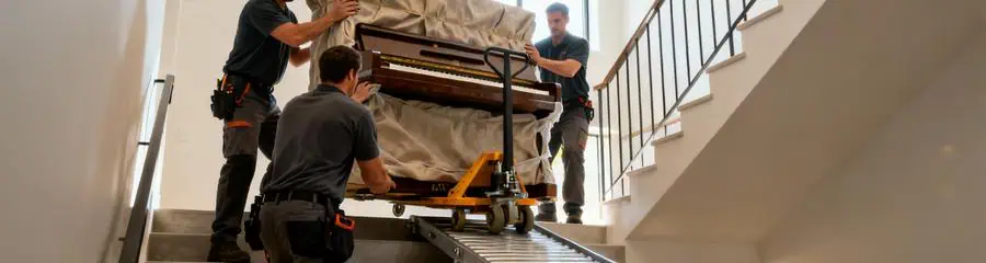 Déménageurs transportant piano droit dans escalier, manutention coordonnée trois professionnels