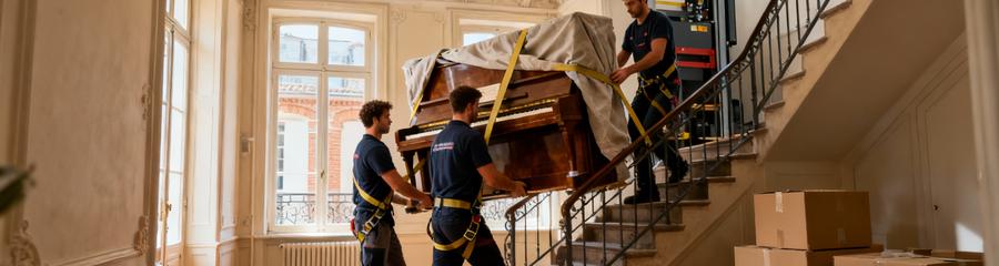 Déménageurs transportant piano dans escalier étroit immeuble, manutention coordonnée professionnelle
