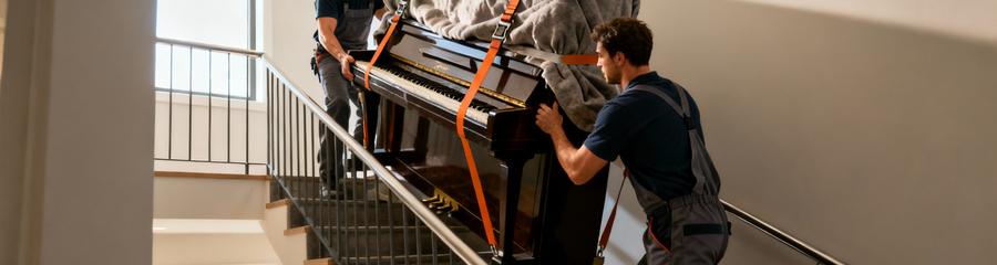 Déménageurs spécialisés transportant piano droit dans escalier, manutention technique coordonnée
