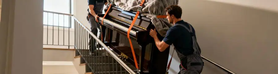 Déménageurs spécialisés transportant piano droit dans escalier, manutention technique coordonnée