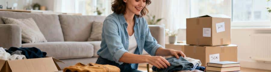 Femme triant affaires avant déménagement, préparation économique et organisation méthodique