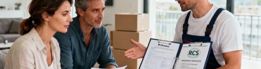 Déménageur présentant documents certification à clients, consultation professionnelle transparente