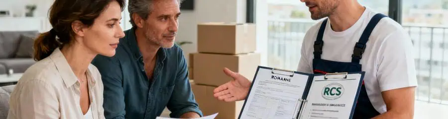 Déménageur présentant documents certification à clients, consultation professionnelle transparente