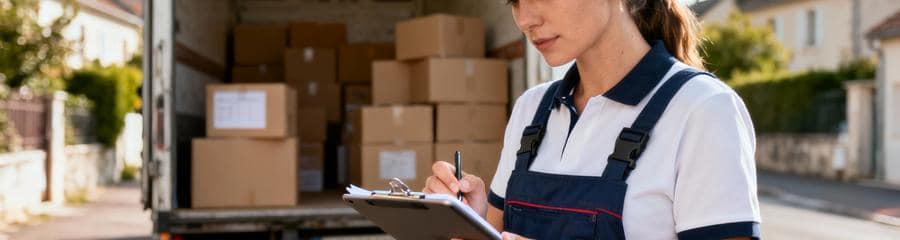 Déménageuse vérifiant checklist qualité devant camion, contrôle professionnel rigoureux