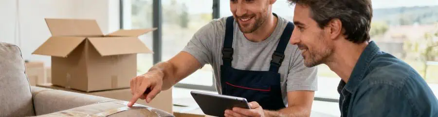 Chef d'équipe et client inspectant mobilier livré, vérification professionnelle collaborative