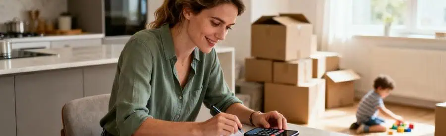 Mère consultant documents aides CAF pour déménagement, cartons en arrière-plan, ambiance familiale rassurante