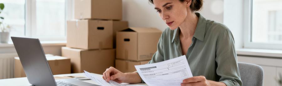 Femme consultant documents aides financières déménagement, organisation administrative dossier