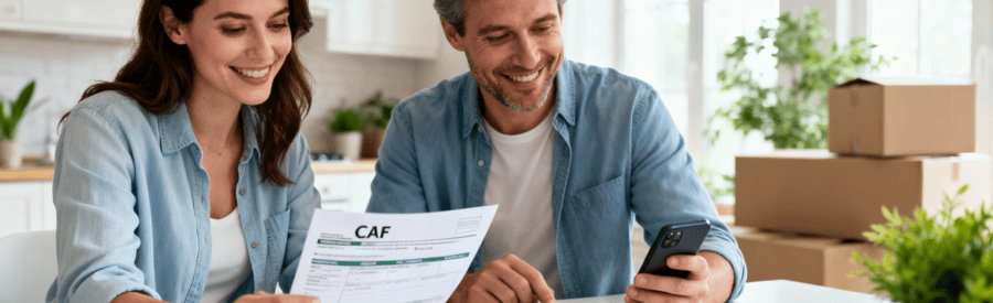 Couple consultant documents aides financières déménagement, organisation administrative sereine