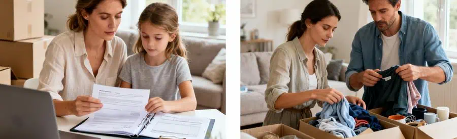 Mère consultant dossier administratif et famille triant affaires pour économiser sur déménagement