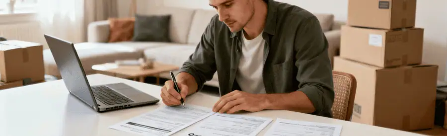 Homme analysant plusieurs devis de déménagement sur table, expression concentrée, préparation organisation