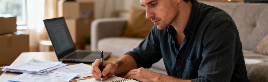 Analyse Devis Demenagement Comparaison Documents Particulier analysant plusieurs devis de déménagement sur table, expression concentrée et documents étalés