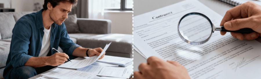 Analyse Devis Demenagement Verification Documents Client examinant attentivement plusieurs devis de déménagement, loupe sur clauses contractuelles