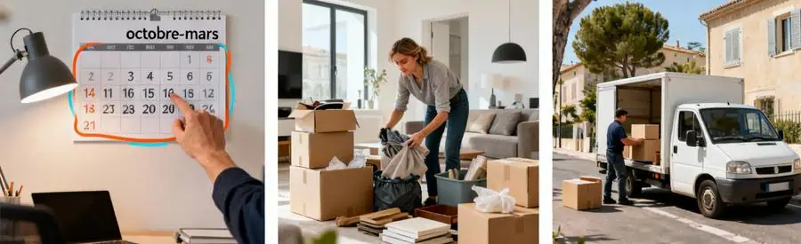 Triptyque astuces économies déménagement : planification calendrier, tri objets, petit volume transport