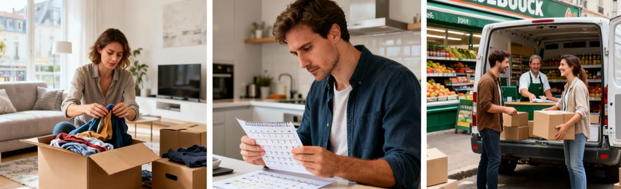 Triptyque optimisation budget : tri affaires, planification dates, récupération cartons gratuits