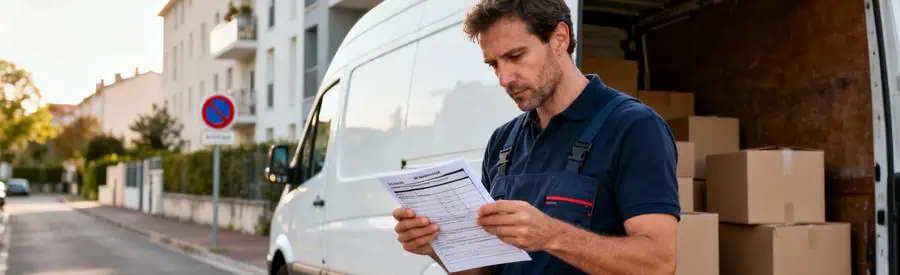 Déménageur consultant autorisation stationnement près camion garé rue résidentielle moderne