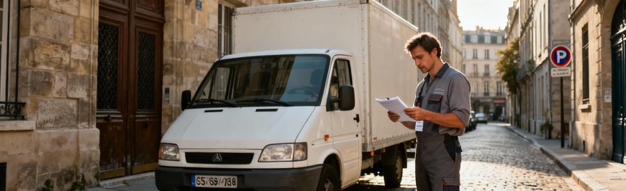 Autorisation Stationnement Demenagement Centre Ville Camion déménagement garé rue étroite centre historique, déménageur vérifiant autorisations stationnement