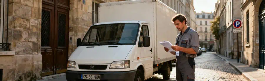 Camion déménagement garé rue étroite centre historique, déménageur vérifiant autorisations stationnement
