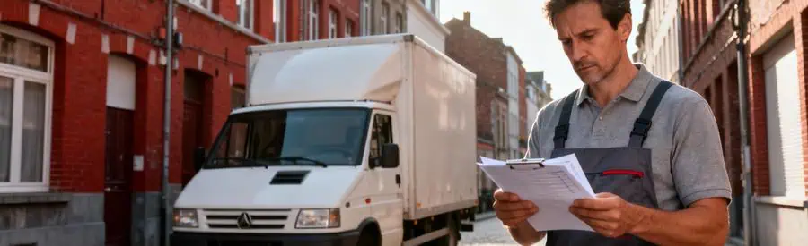 Déménageur consultant autorisation administrative devant camion, rue étroite Tourcoing