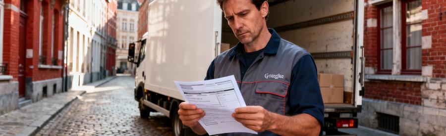 Autorisation Stationnement Demenagement Vieux Lille Déménageur consultant autorisation stationnement rue pavée Vieux-Lille, camion arrière-plan, immeubles briques