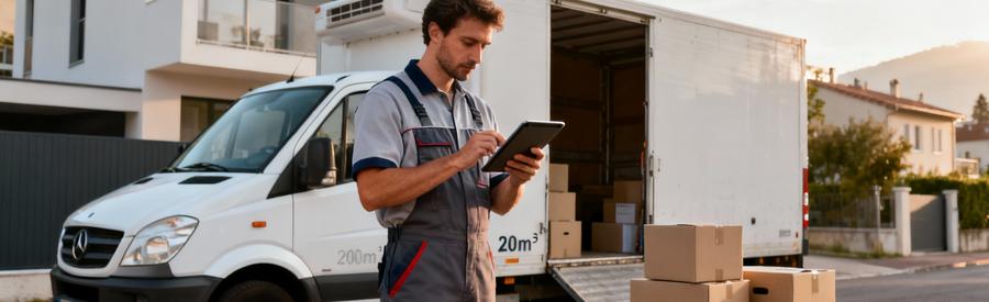 Déménageur consultant devis sur tablette devant camion, planification budget professionnel