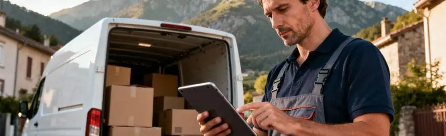 Déménageur consultant tablette pour calcul coût devant camion, relief montagnard Lozère en arrière-plan