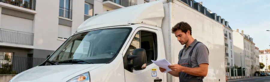 Déménageur vérifiant autorisation stationnement devant immeuble résidentiel Creil