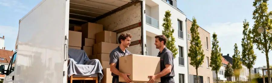 Camion déménagement ouvert devant immeuble, déménageurs transportant cartons, quartier résidentiel moderne