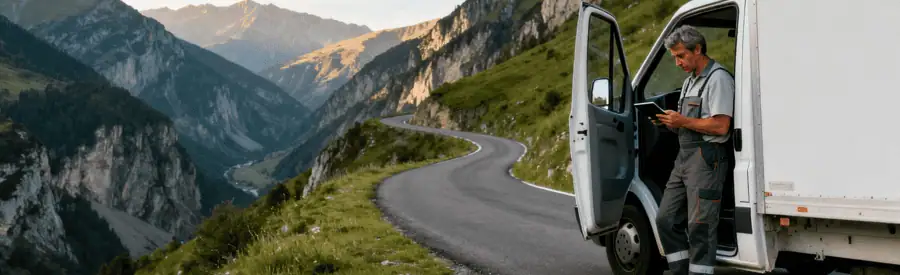 Camion déménagement sur route sinueuse montagne Ariège, déménageur évaluant accessibilité terrain