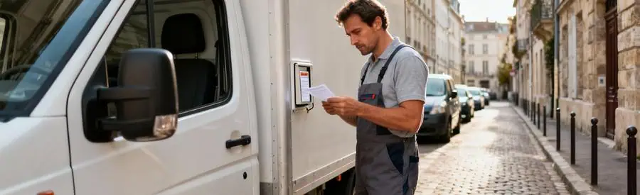 Camion déménagement garé rue étroite centre-ville, déménageur vérifiant autorisation stationnement