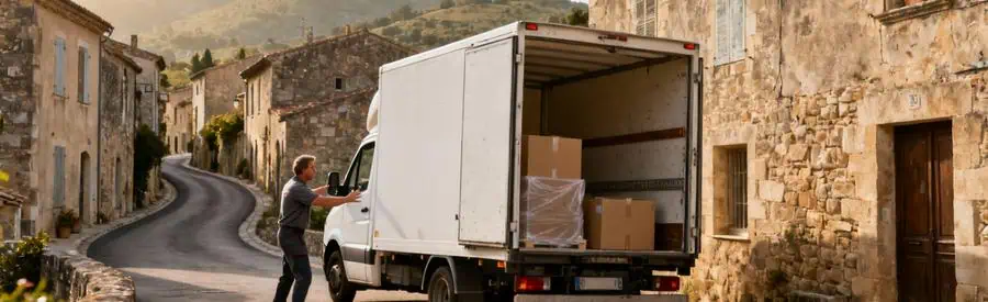 Camion déménagement négociant virage étroit dans village médiéval audois, déménageur guidant manœuvre